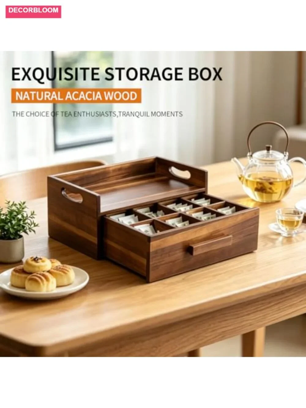 Acacia Wood Tea Bag Organizer Drawer with 12 Compartments, Tea Storage Caddy